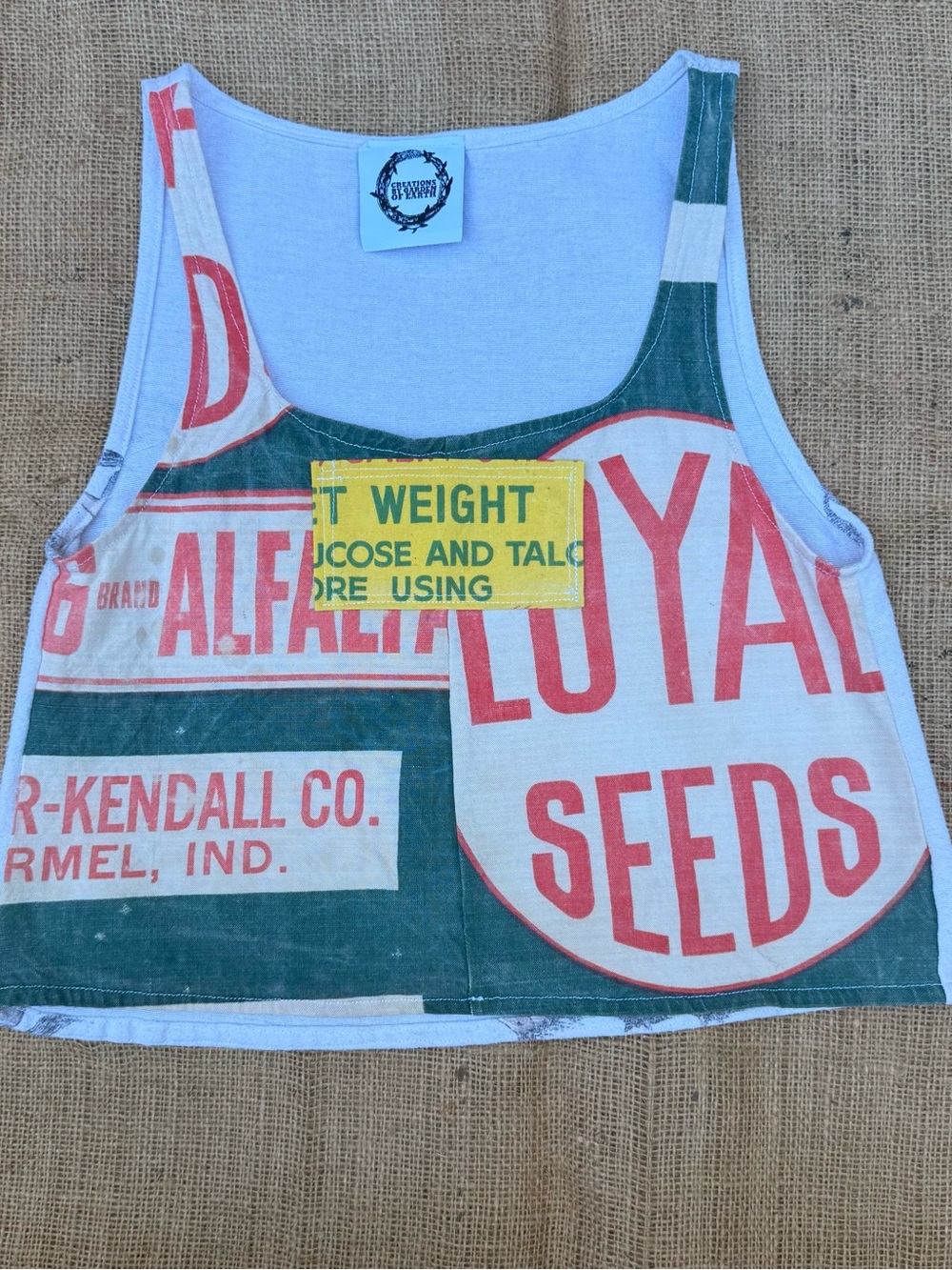 Handmade Crop Tank Top with Vintage Seed Sack Print - Red & Green